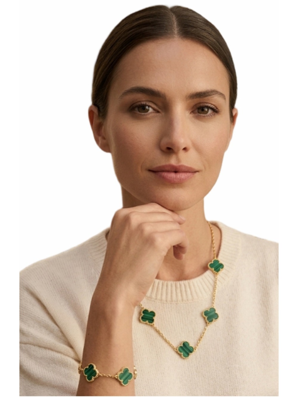 Elegant Green Necklace & Bracelet in Gold Tone set